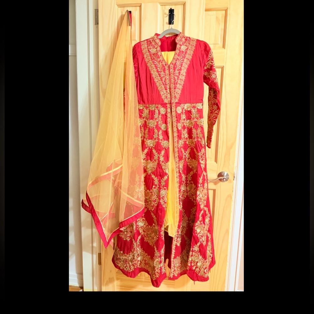 Red and yellow anarkali outfit